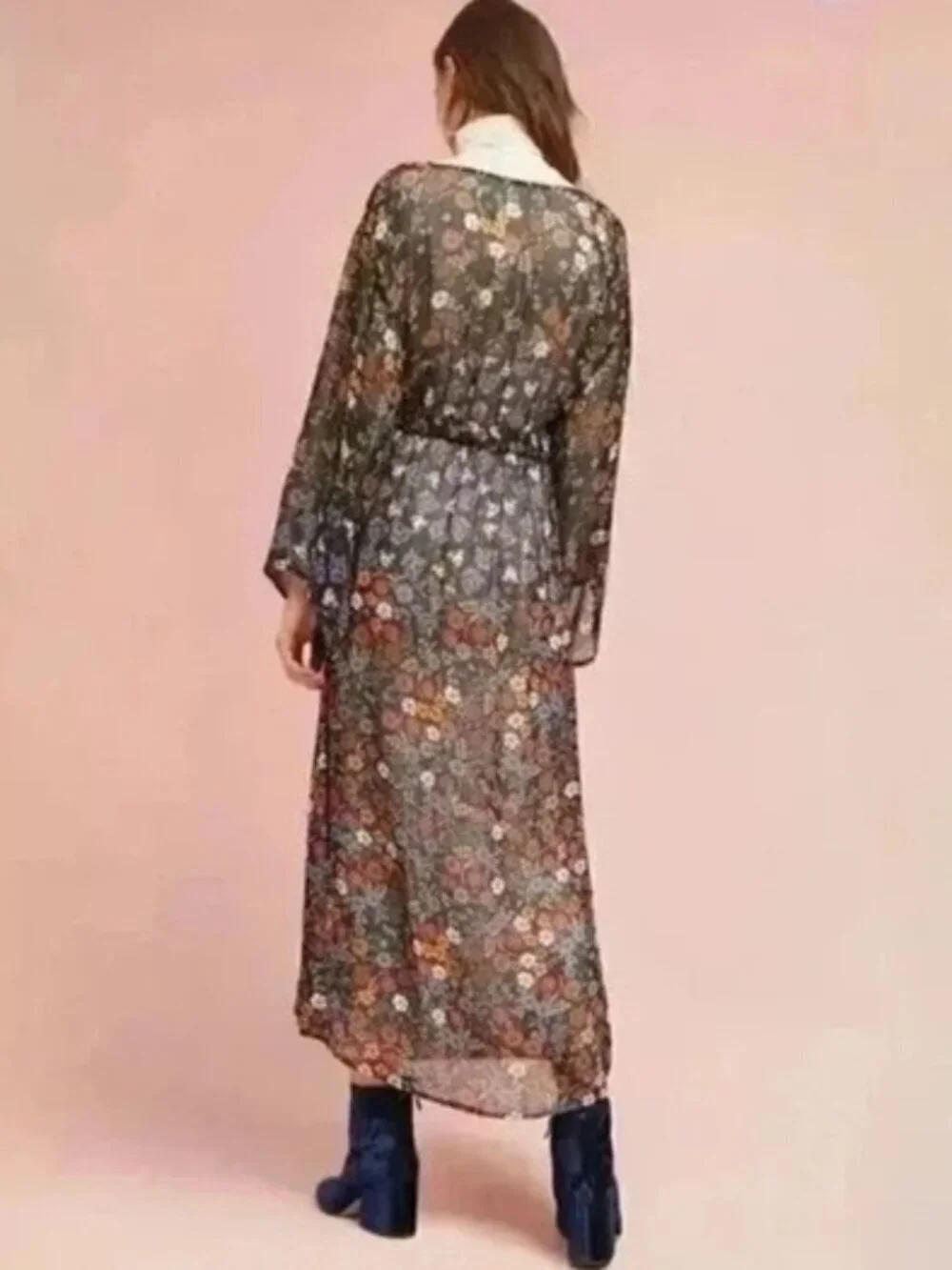 Floreat Black Floral Longline Kimono One Size Boho Anthropologie